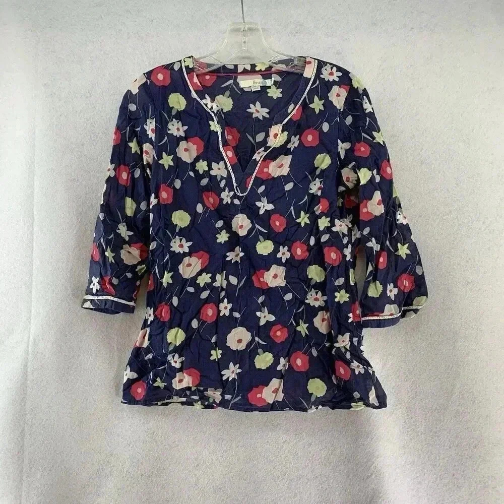 Boden Women’s Navy Blue With Poppies Floral‎ 3/4 Sleeve Lace Trim Tunic Size 4